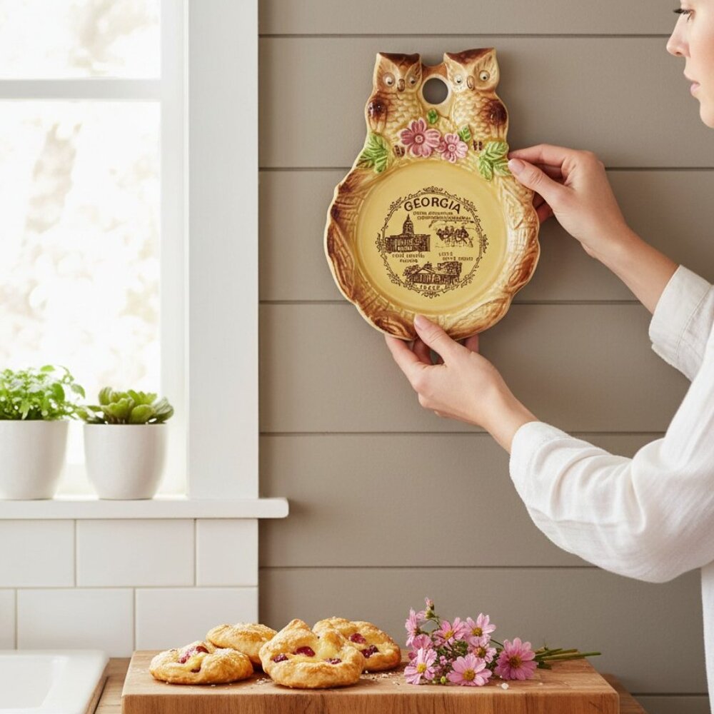 VTG Japan Scotty Owl Spoonrest Wall Plaque Hanging Googly Eyes Georgia Souvenir - Picture 1 of 7